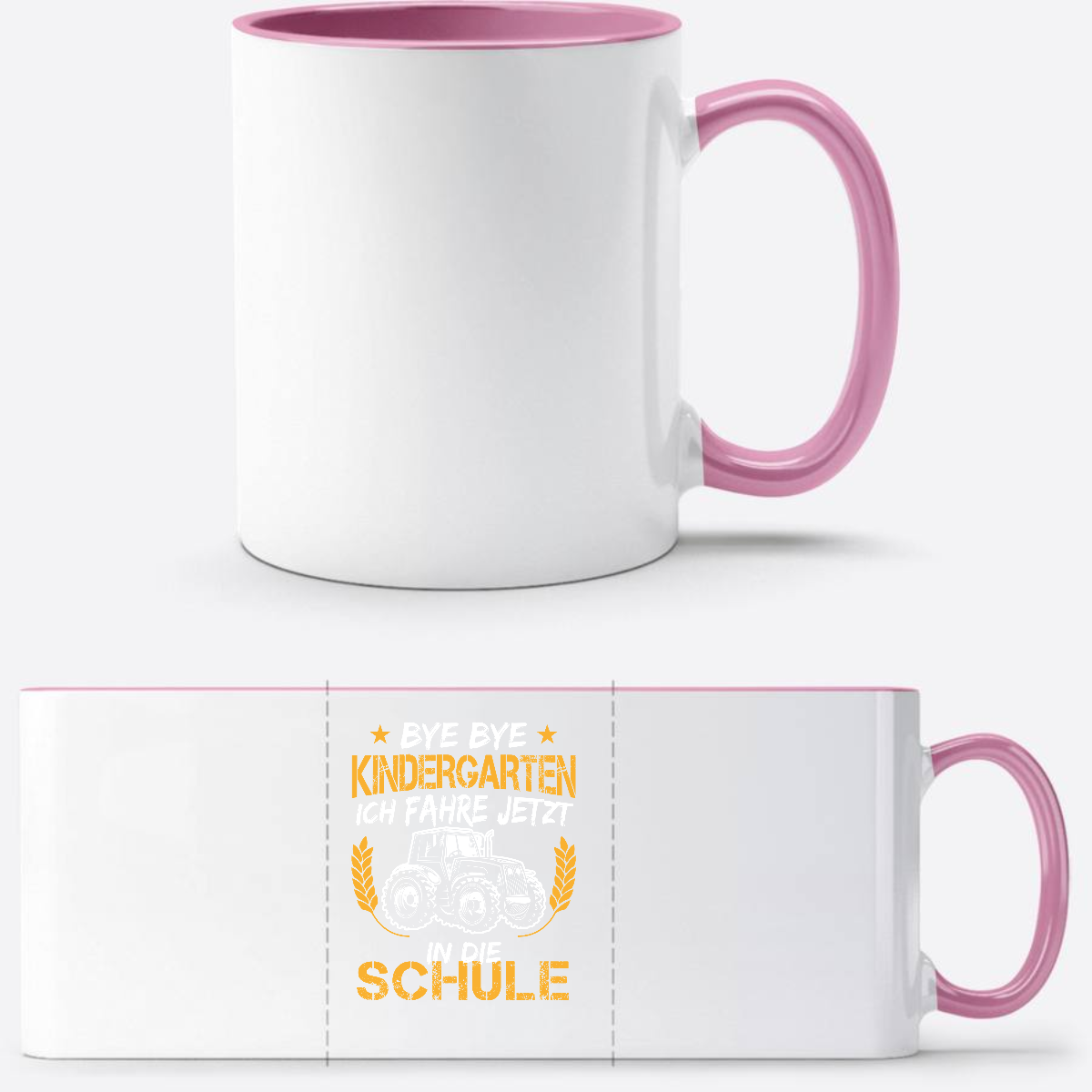 Tasse zur Einschulung: Bye Bye Kindergarten Traktor - Weiss/Rosa