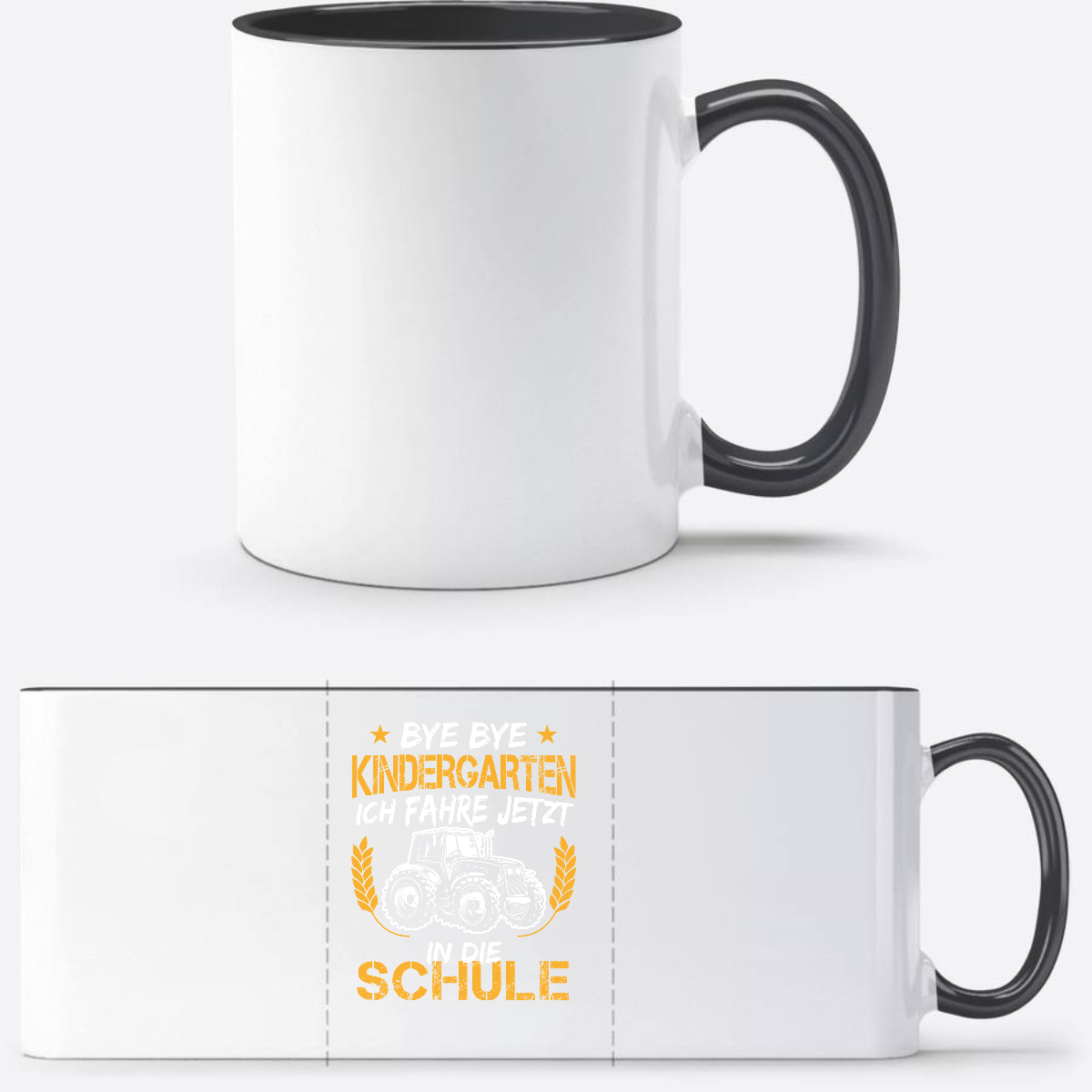 Tasse zur Einschulung: Bye Bye Kindergarten Traktor - Weiß/Schwarz