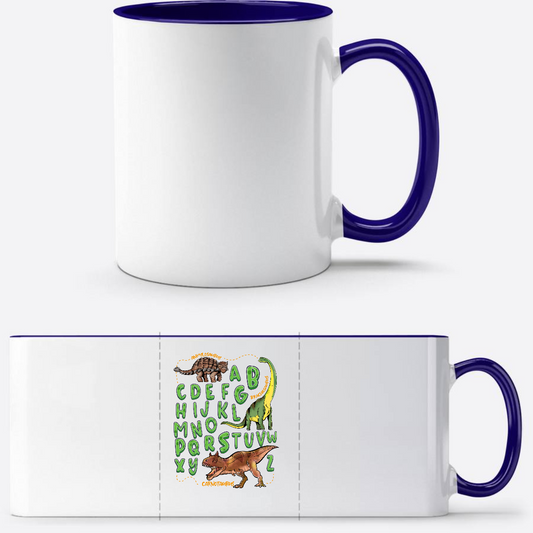 Tasse zur Einschulung – Dino Alphabet mit Wunschnamen - Weiß/Dunkelblau