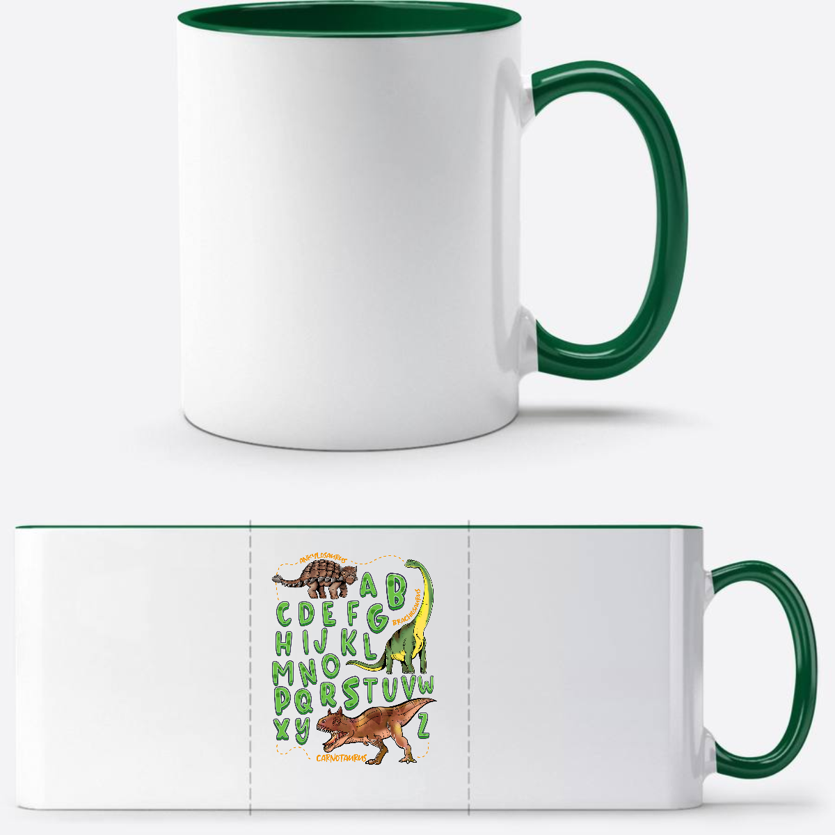 Tasse zur Einschulung – Dino Alphabet mit Wunschnamen - Weiß/Dunkelgrün