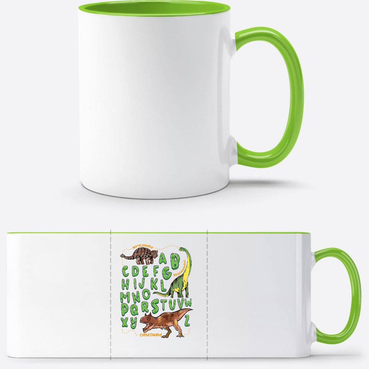 Tasse zur Einschulung – Dino Alphabet mit Wunschnamen - Weiß/Grün