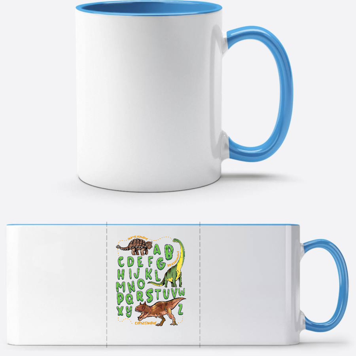 Tasse zur Einschulung – Dino Alphabet mit Wunschnamen - Weiß/Hellblau