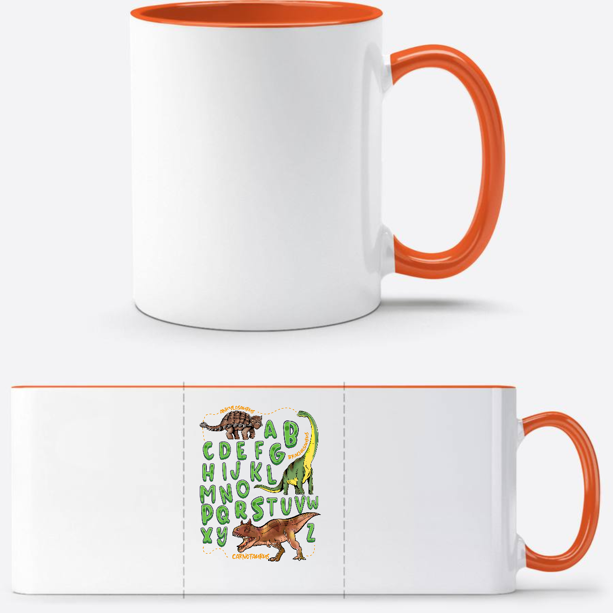Tasse zur Einschulung – Dino Alphabet mit Wunschnamen - Weiß/Orange