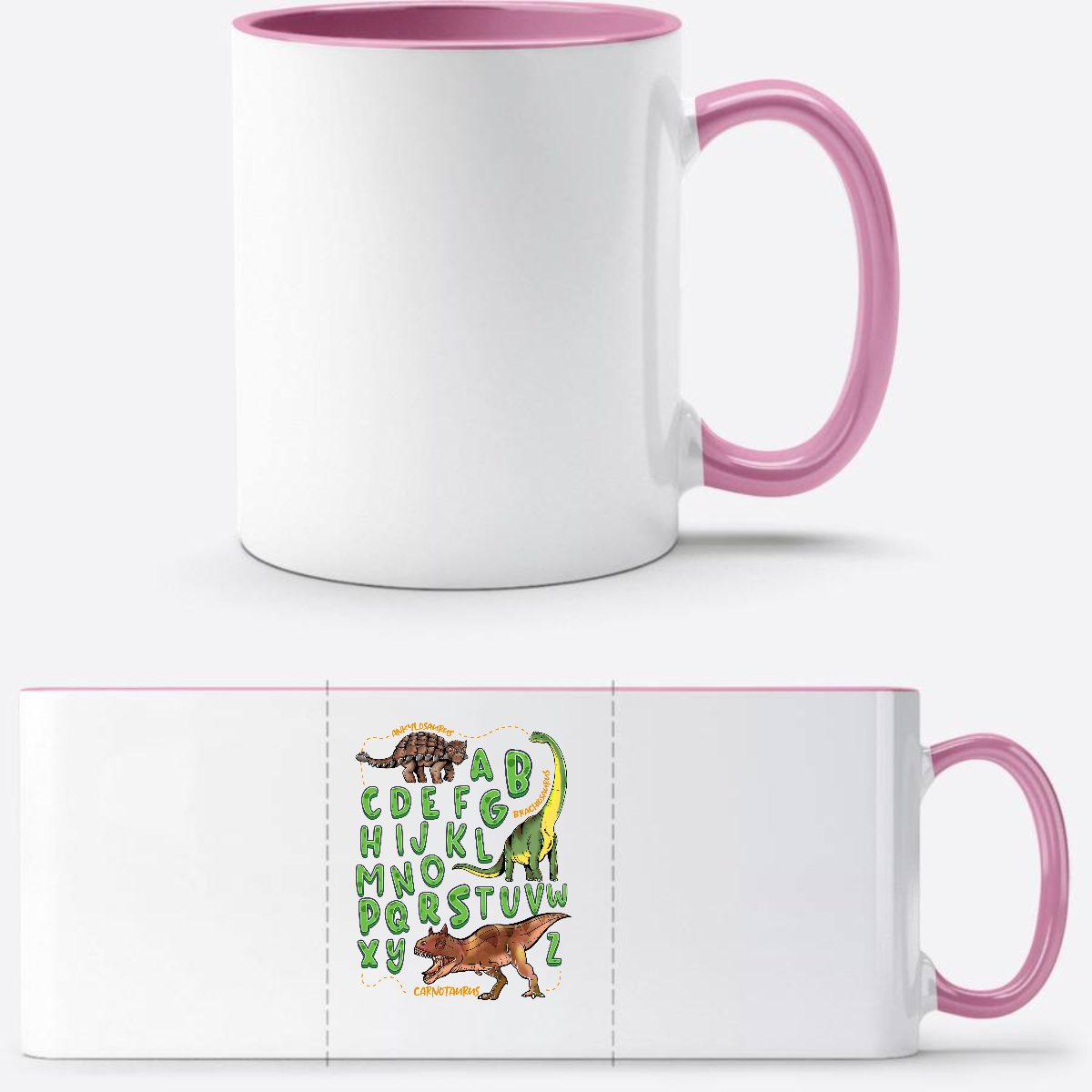 Tasse zur Einschulung – Dino Alphabet mit Wunschnamen - Weiss/Rosa