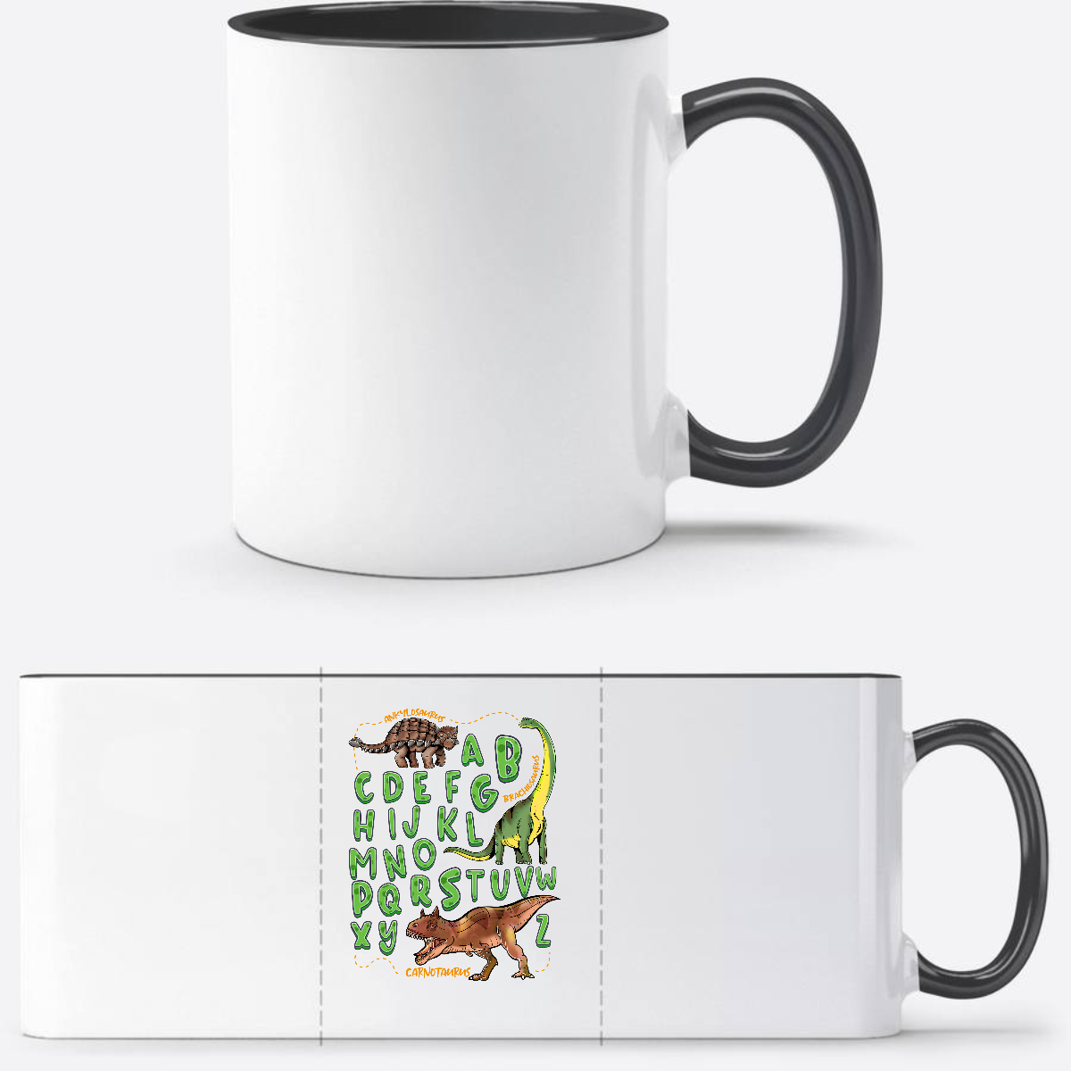 Tasse zur Einschulung – Dino Alphabet mit Wunschnamen - Weiß/Schwarz