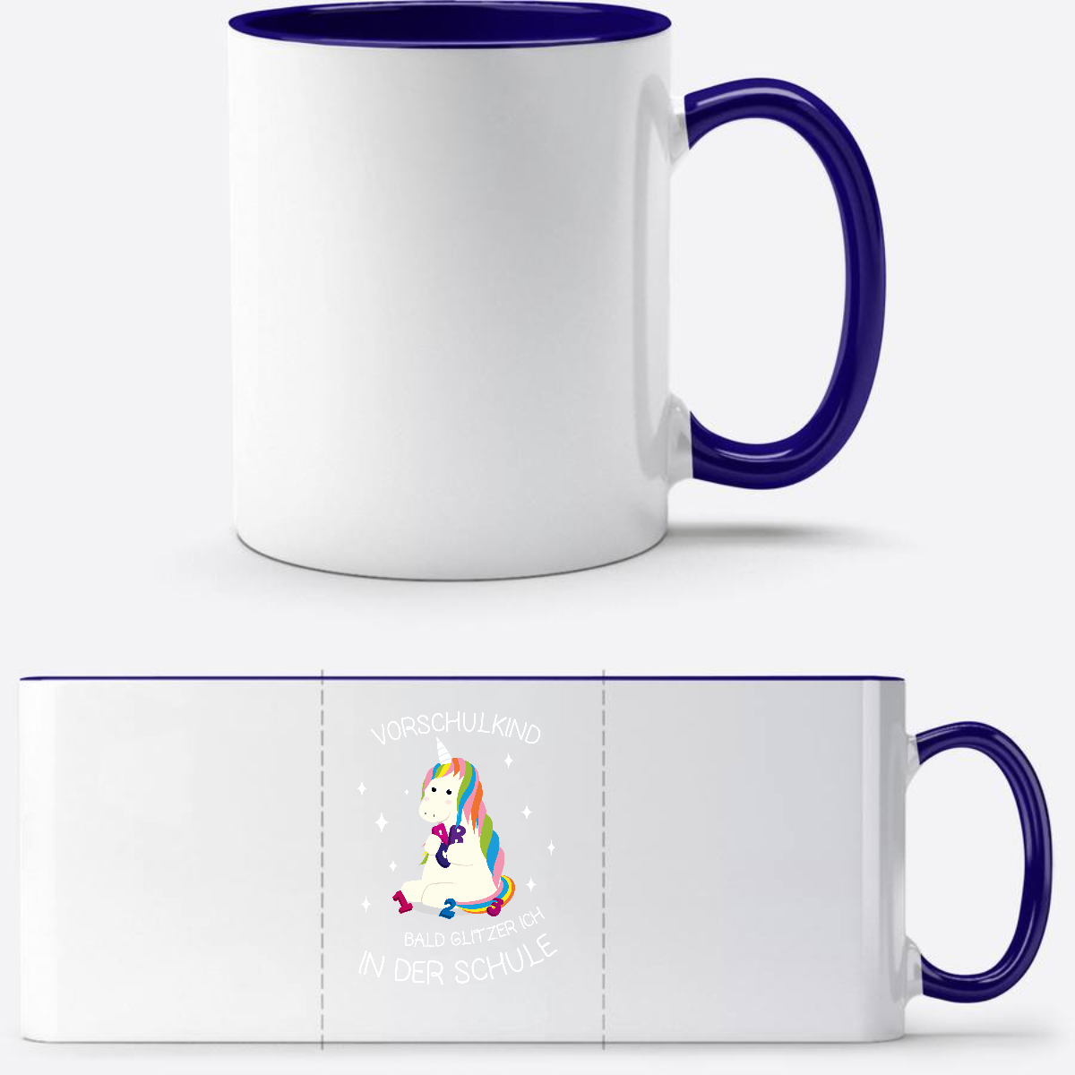 Tasse zur Einschulung – Einhorn Vorschulkind mit Name - Weiß/Dunkelblau