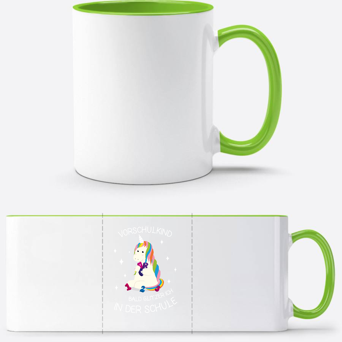 Tasse zur Einschulung – Einhorn Vorschulkind mit Name - Weiß/Grün