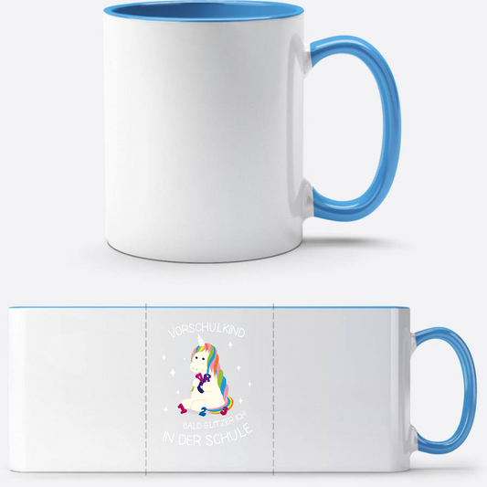 Tasse zur Einschulung – Einhorn Vorschulkind mit Name - Weiß/Hellblau