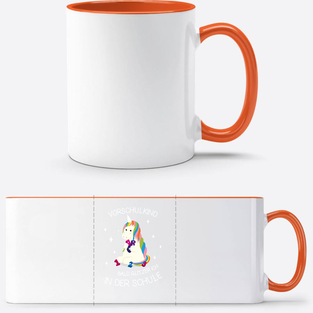 Tasse zur Einschulung – Einhorn Vorschulkind mit Name - Weiß/Orange