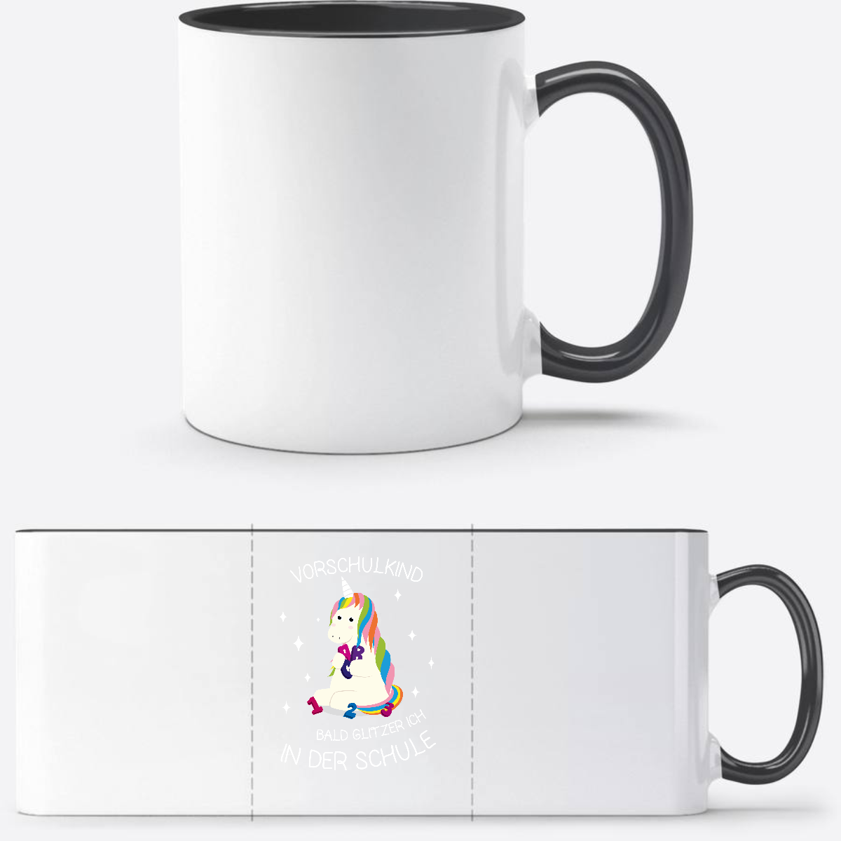 Tasse zur Einschulung – Einhorn Vorschulkind mit Name - Weiß/Schwarz