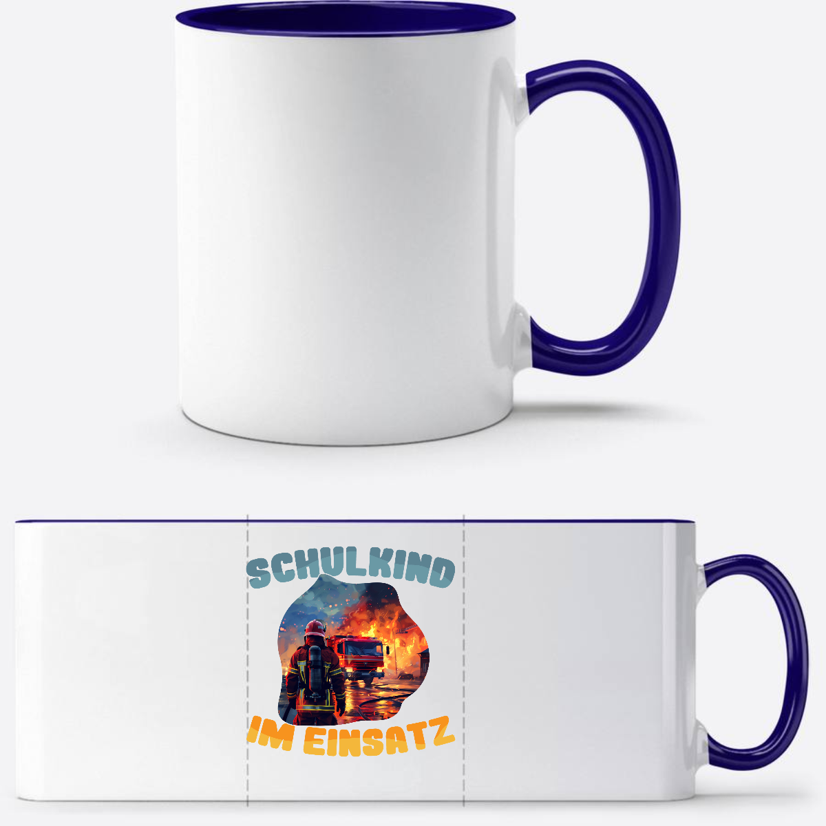 Tasse zur Einschulung: Feuerwehr Schulkind im Einsatz mit Name - Weiß/Dunkelblau