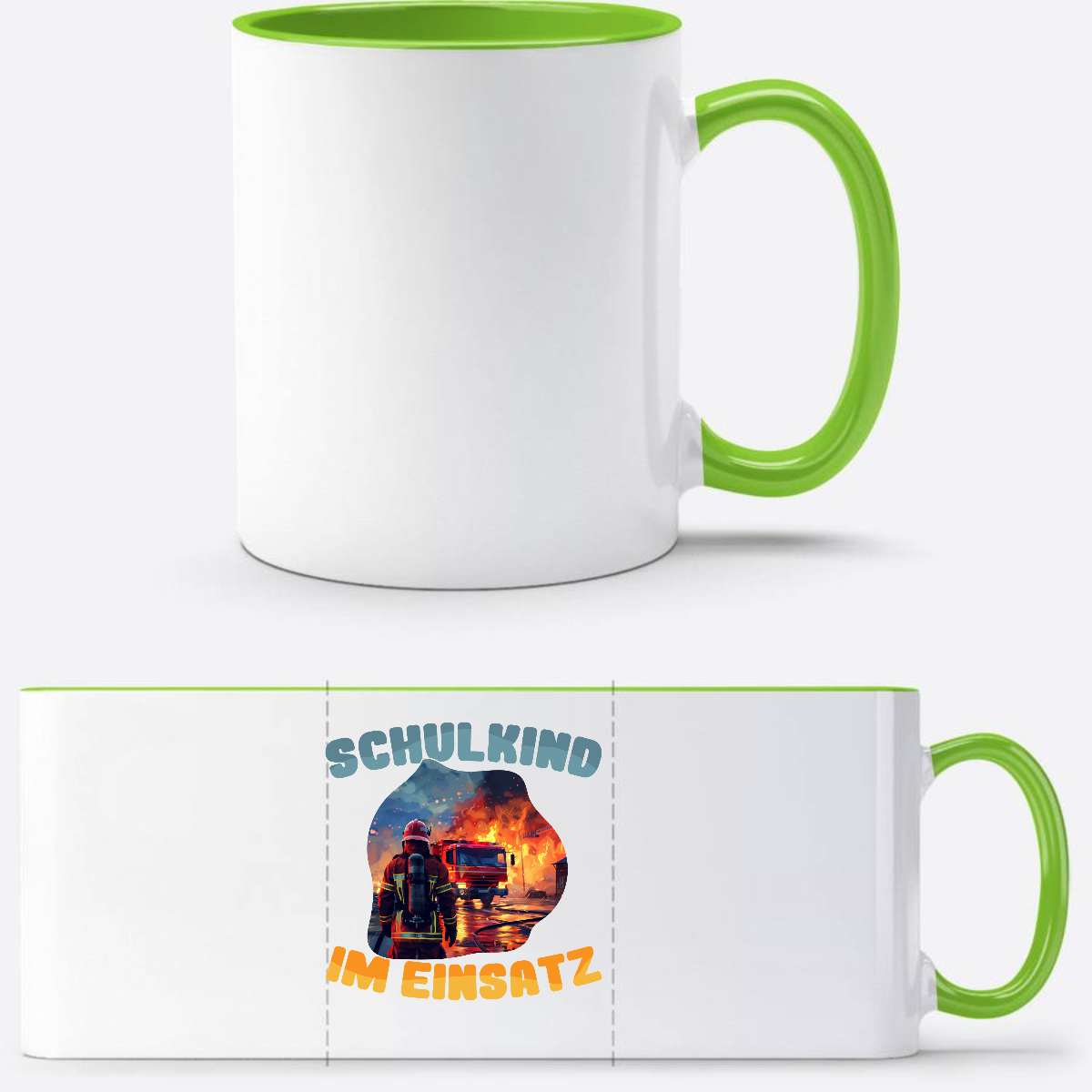 Tasse zur Einschulung: Feuerwehr Schulkind im Einsatz mit Name - Weiß/Grün