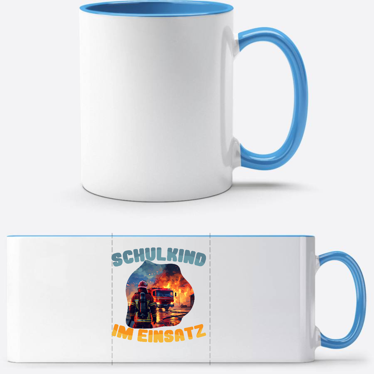 Tasse zur Einschulung: Feuerwehr Schulkind im Einsatz mit Name - Weiß/Hellblau