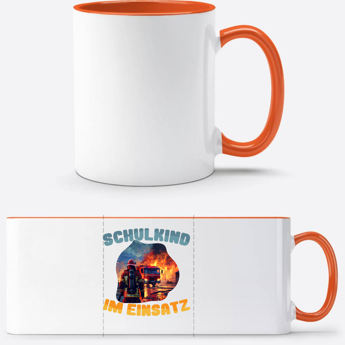 Tasse zur Einschulung: Feuerwehr Schulkind im Einsatz mit Name - Weiß/Orange