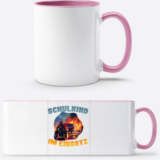 Tasse zur Einschulung: Feuerwehr Schulkind im Einsatz mit Name - Weiss/Rosa