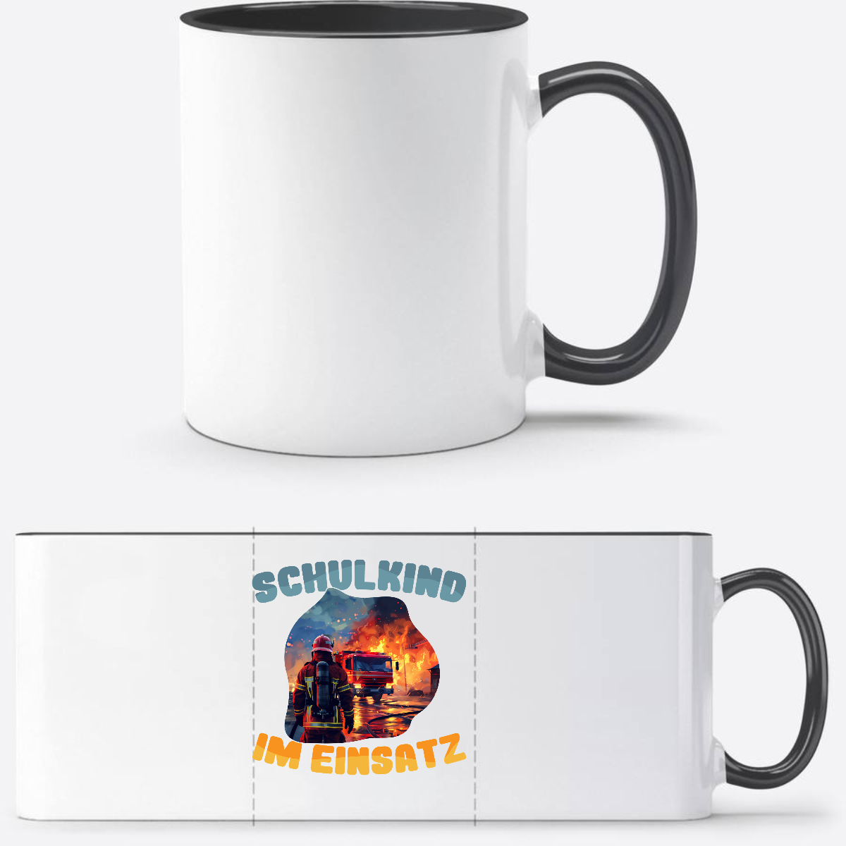 Tasse zur Einschulung: Feuerwehr Schulkind im Einsatz mit Name - Weiß/Schwarz