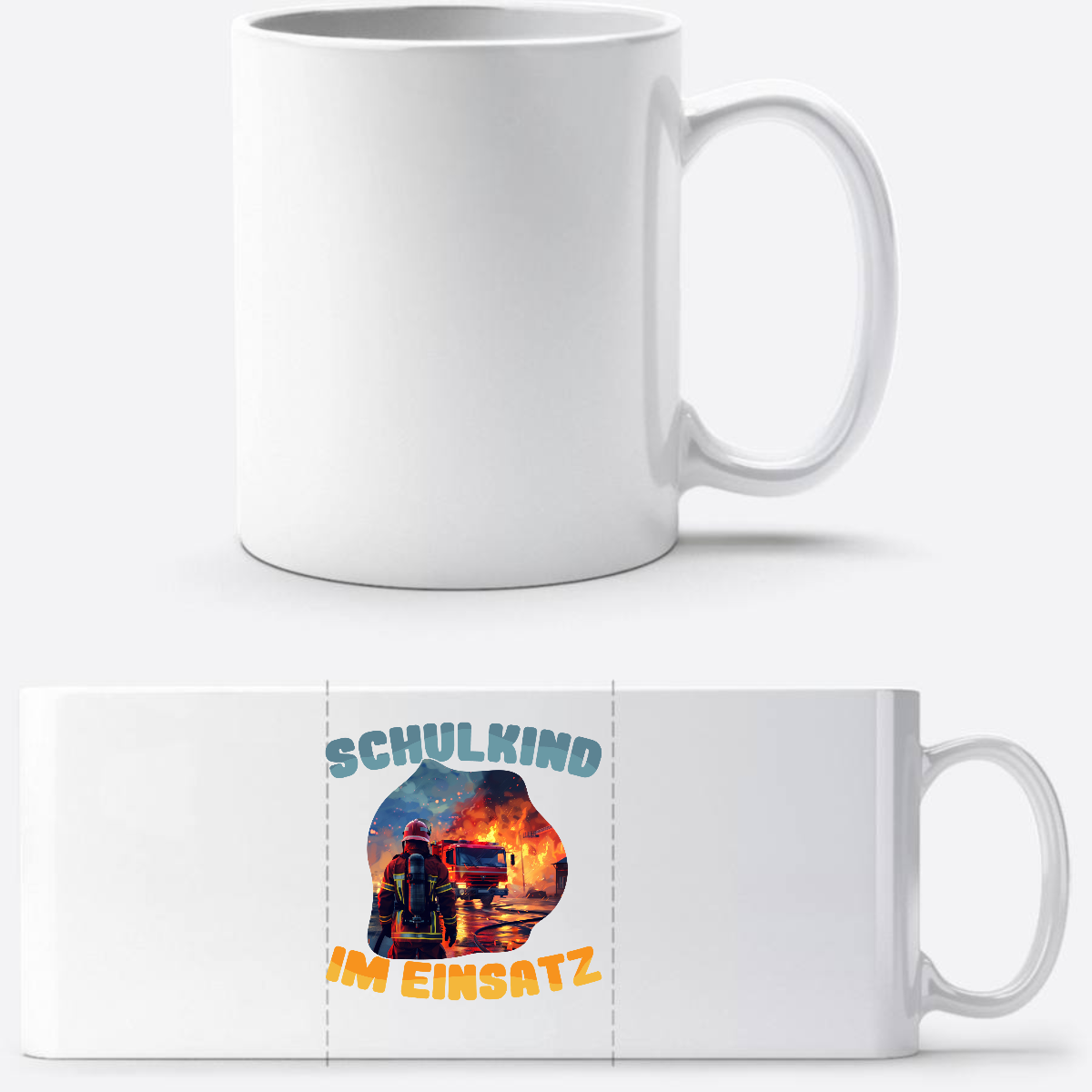 Tasse zur Einschulung: Feuerwehr Schulkind im Einsatz mit Name - Weiß
