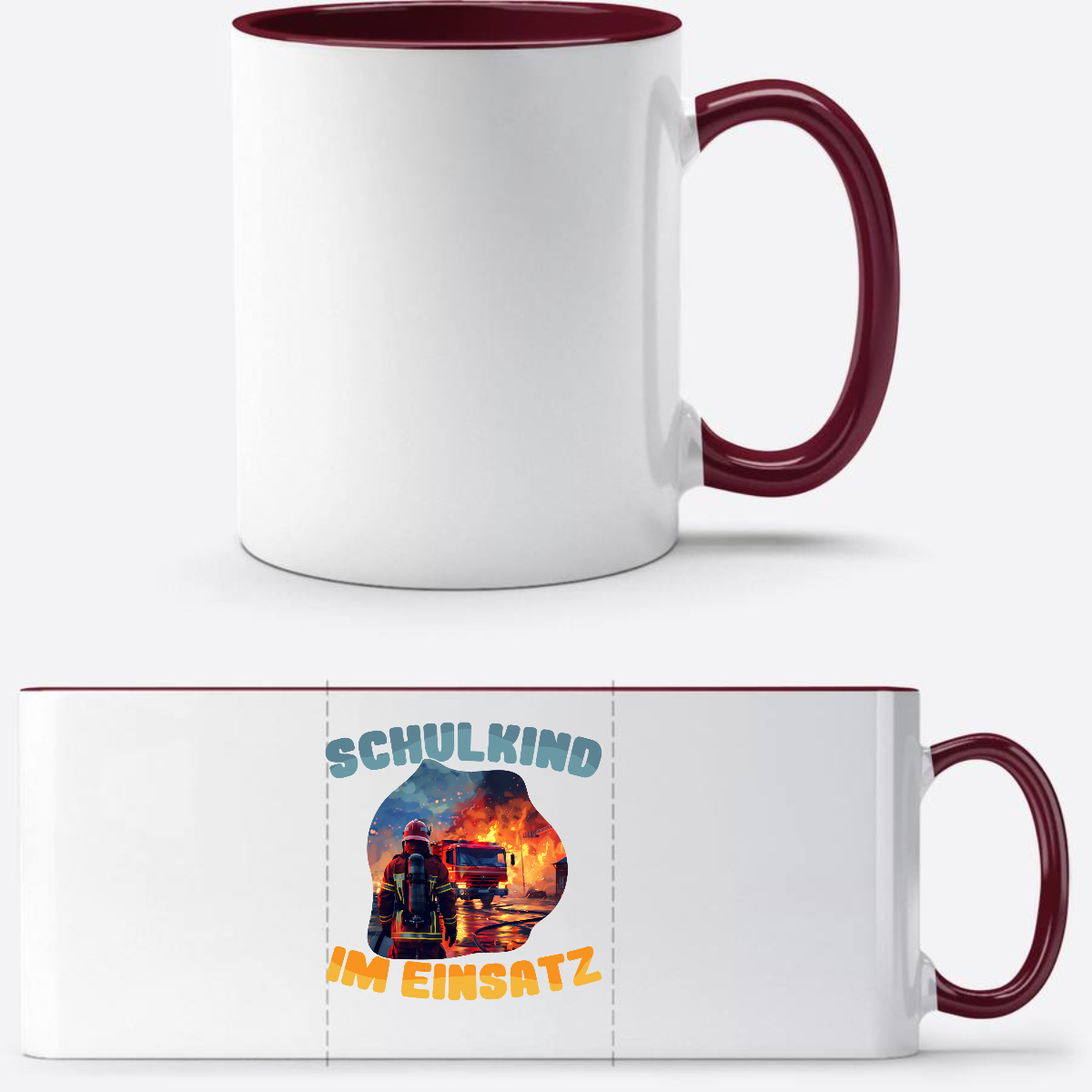 Tasse zur Einschulung: Feuerwehr Schulkind im Einsatz mit Name - White/Bordeaux