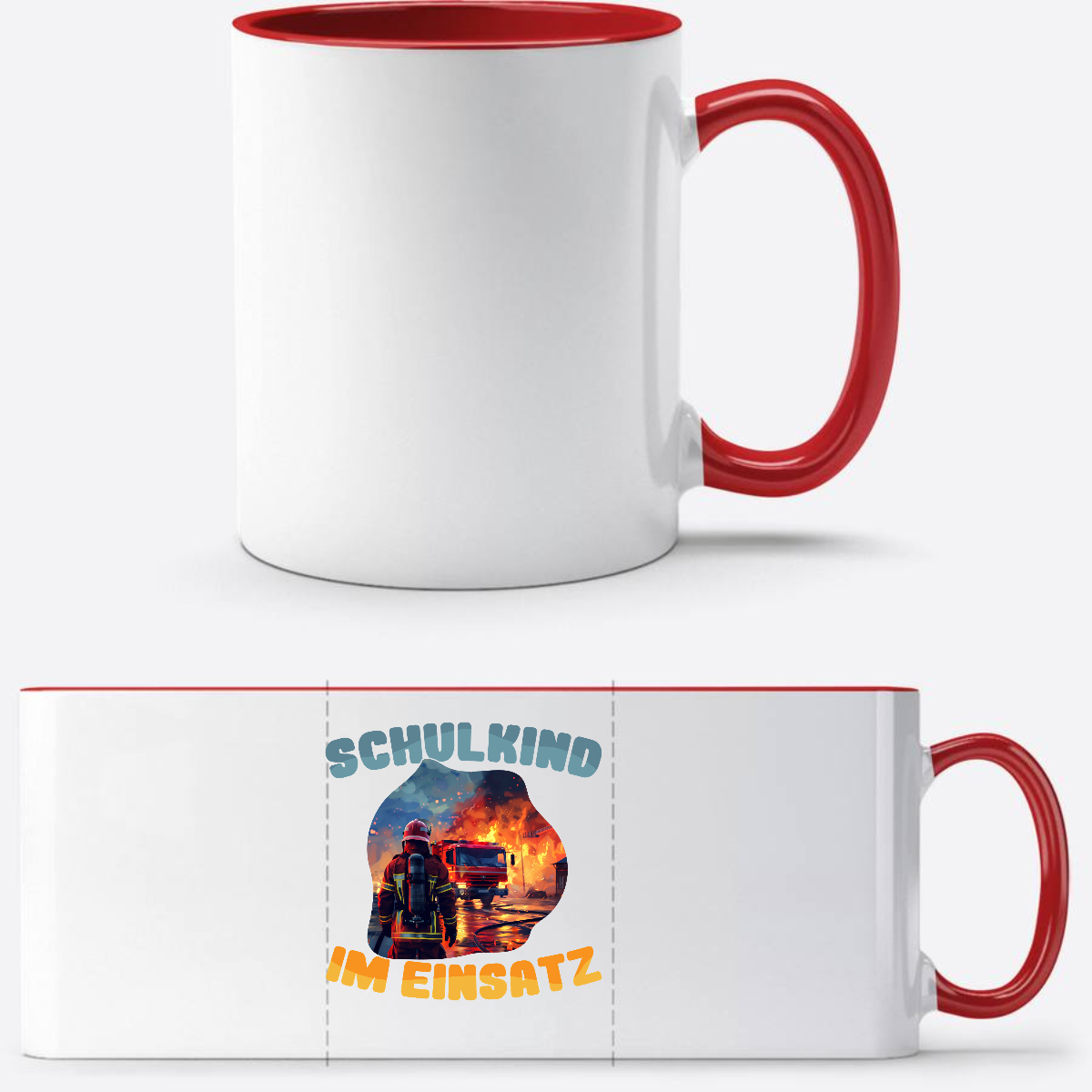 Tasse zur Einschulung: Feuerwehr Schulkind im Einsatz mit Name - White/Red