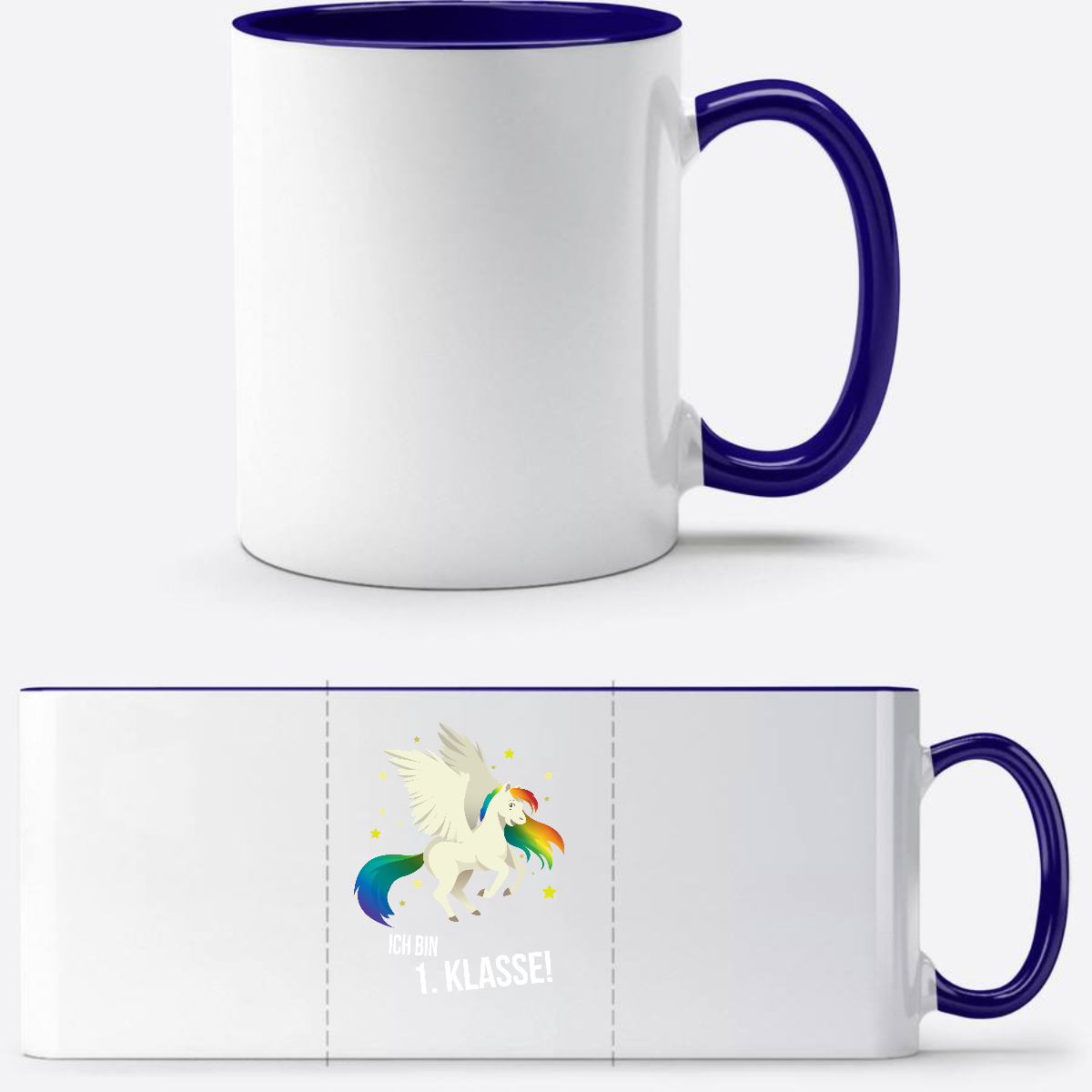 Tasse zur Einschulung – Ich bin 1. Klasse mit Wunschnamen - Weiß/Dunkelblau