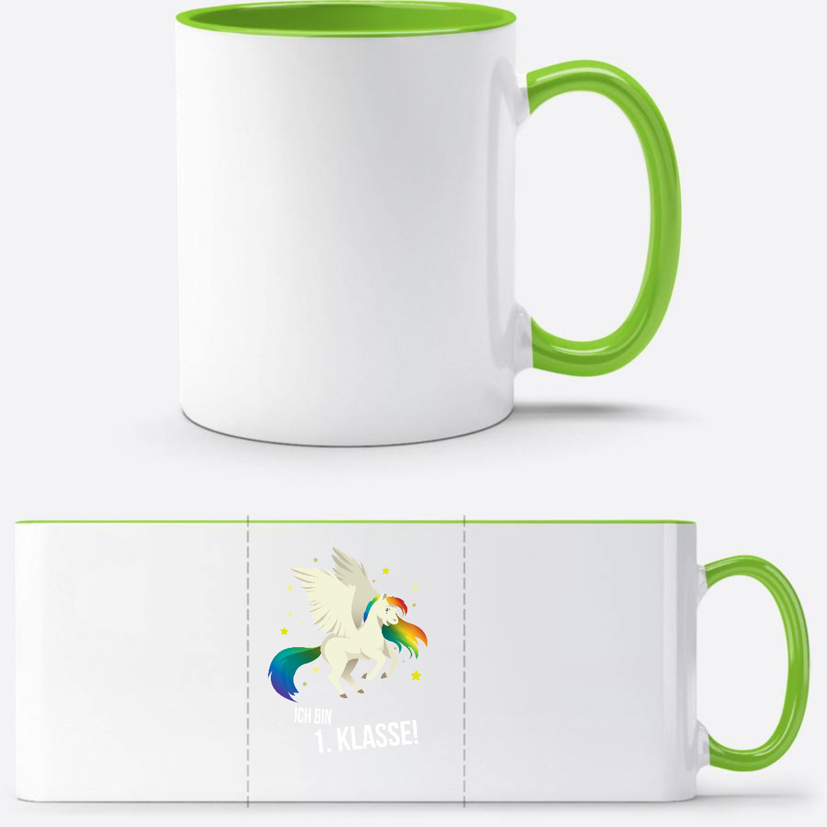 Tasse zur Einschulung – Ich bin 1. Klasse mit Wunschnamen - Weiß/Grün