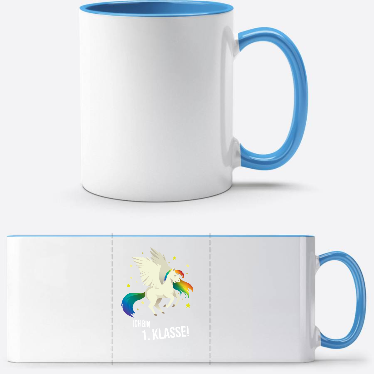 Tasse zur Einschulung – Ich bin 1. Klasse mit Wunschnamen - Weiß/Hellblau