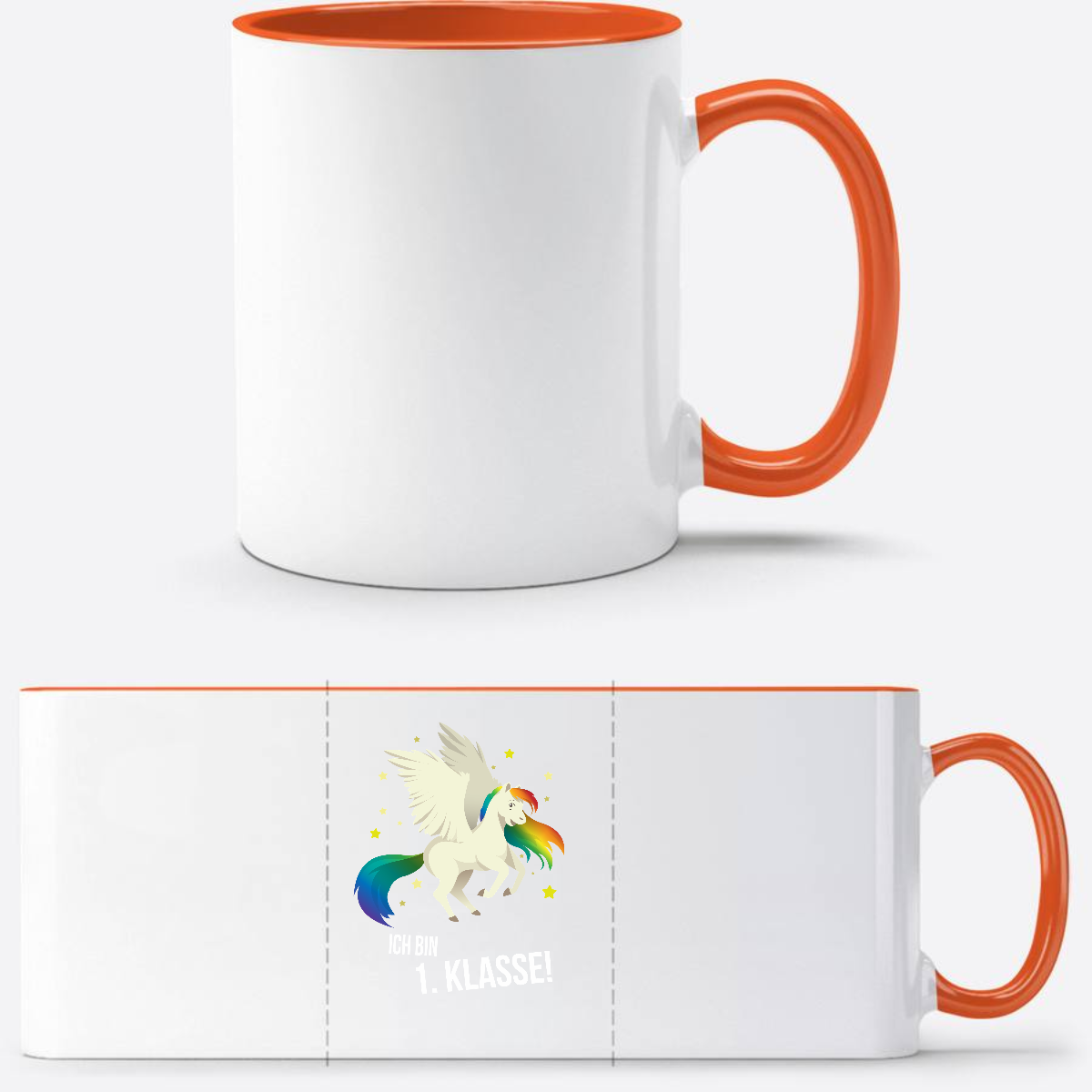 Tasse zur Einschulung – Ich bin 1. Klasse mit Wunschnamen - Weiß/Orange