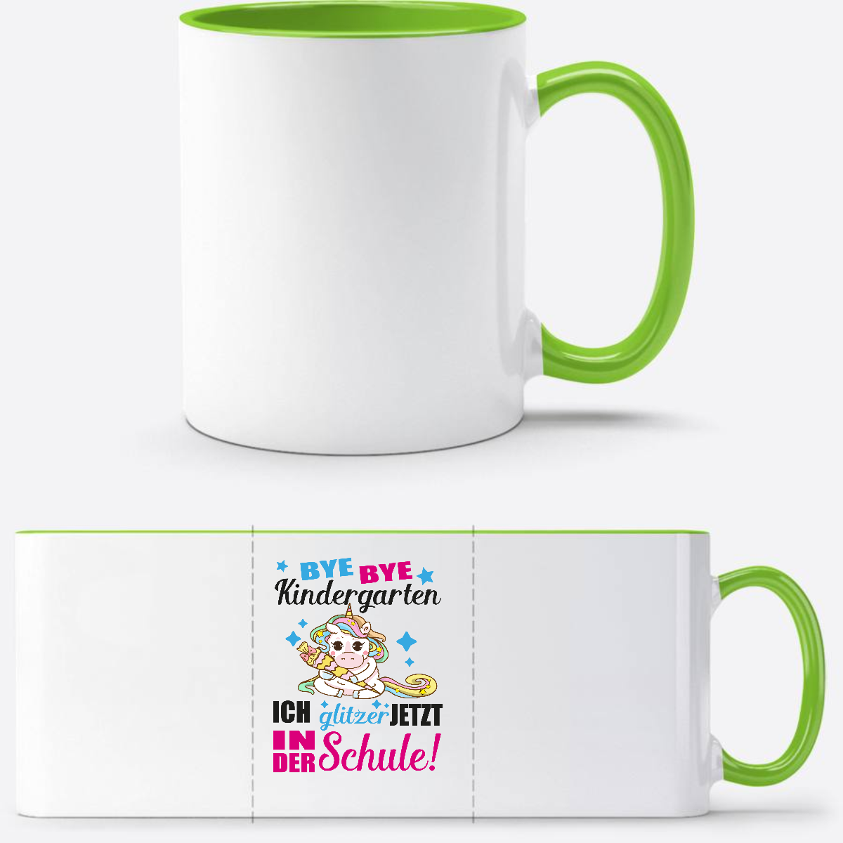 Tasse zur Einschulung: Ich glitzer jetzt in der Schule Einhorn - Weiß/Grün