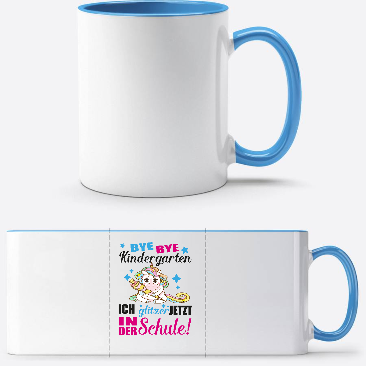 Tasse zur Einschulung: Ich glitzer jetzt in der Schule Einhorn - Weiß/Hellblau