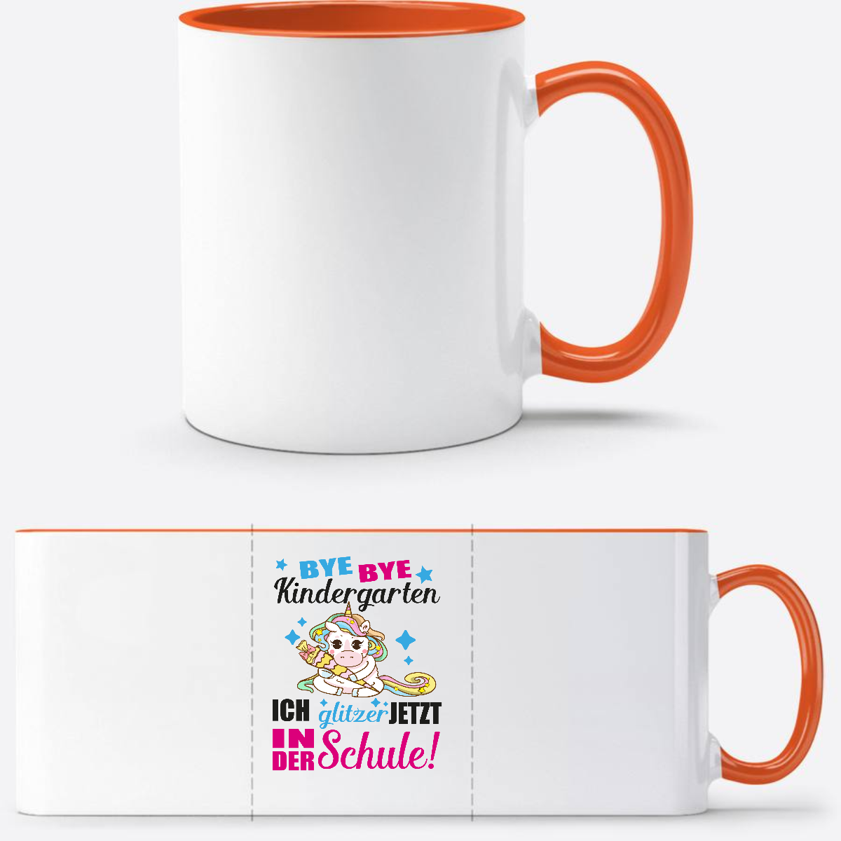 Tasse zur Einschulung: Ich glitzer jetzt in der Schule Einhorn - Weiß/Orange