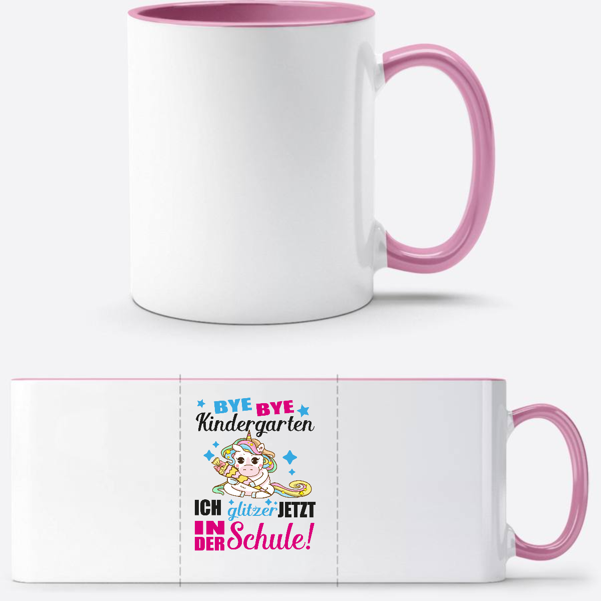 Tasse zur Einschulung: Ich glitzer jetzt in der Schule Einhorn - Weiss/Rosa