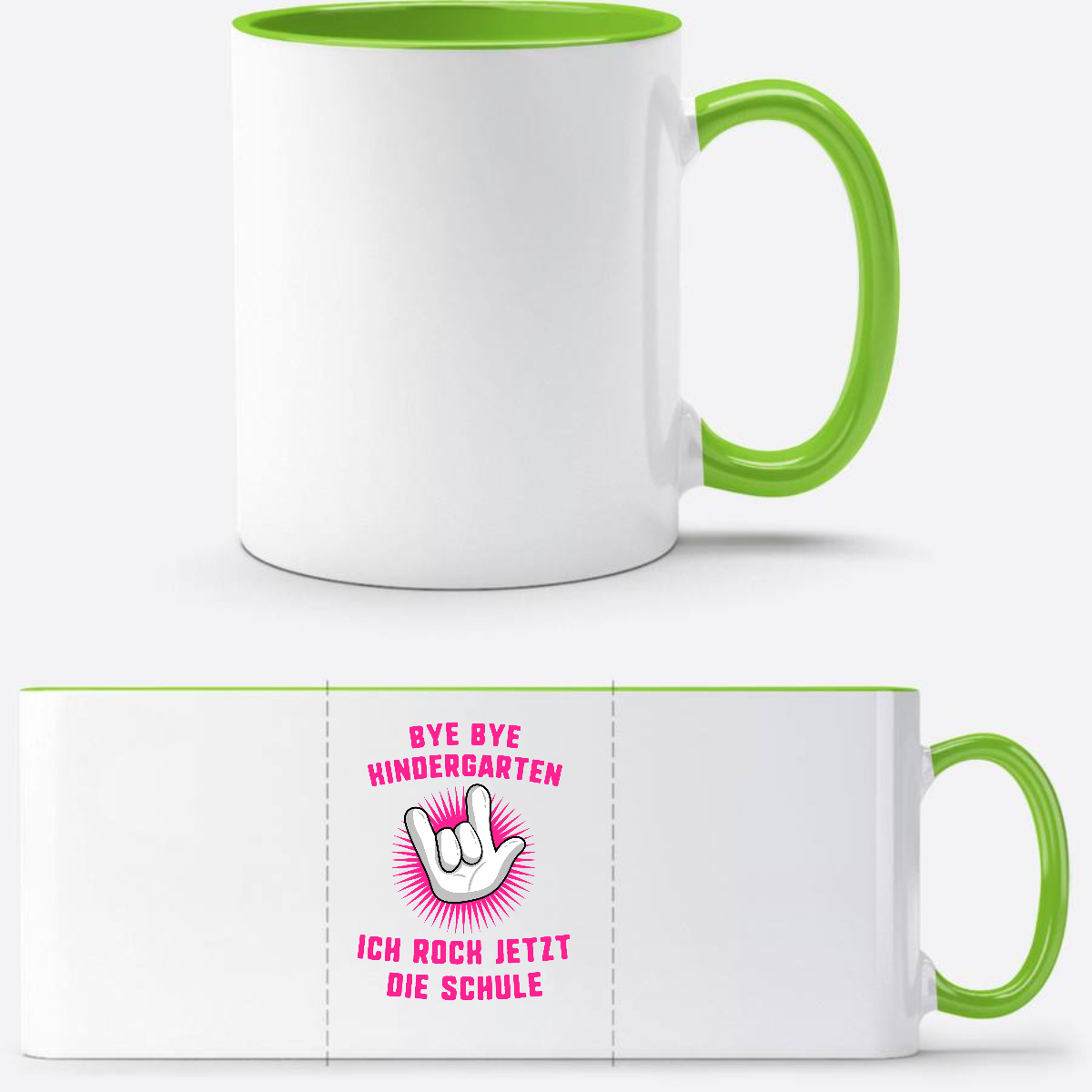 Tasse zur Einschulung: Ich rock jetzt die Schule – Fuchsia - Weiß/Grün