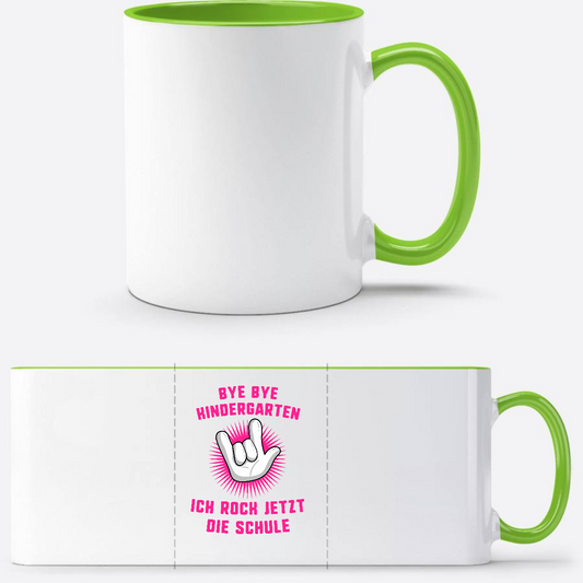 Tasse zur Einschulung: Ich rock jetzt die Schule – Fuchsia - Weiß/Grün