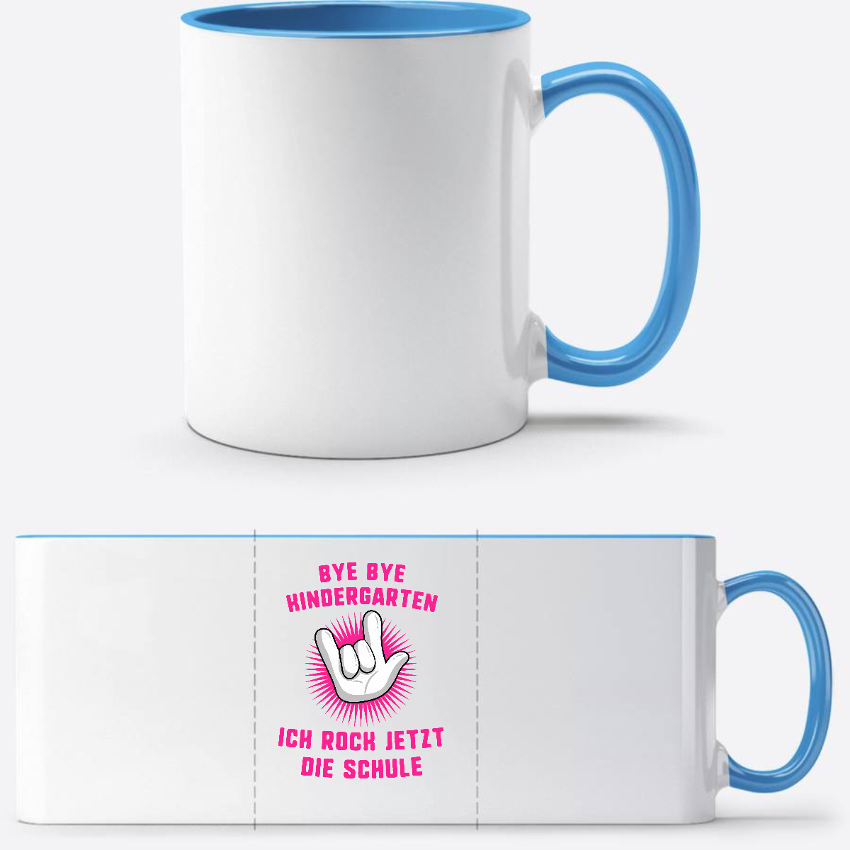 Tasse zur Einschulung: Ich rock jetzt die Schule – Fuchsia - Weiß/Hellblau