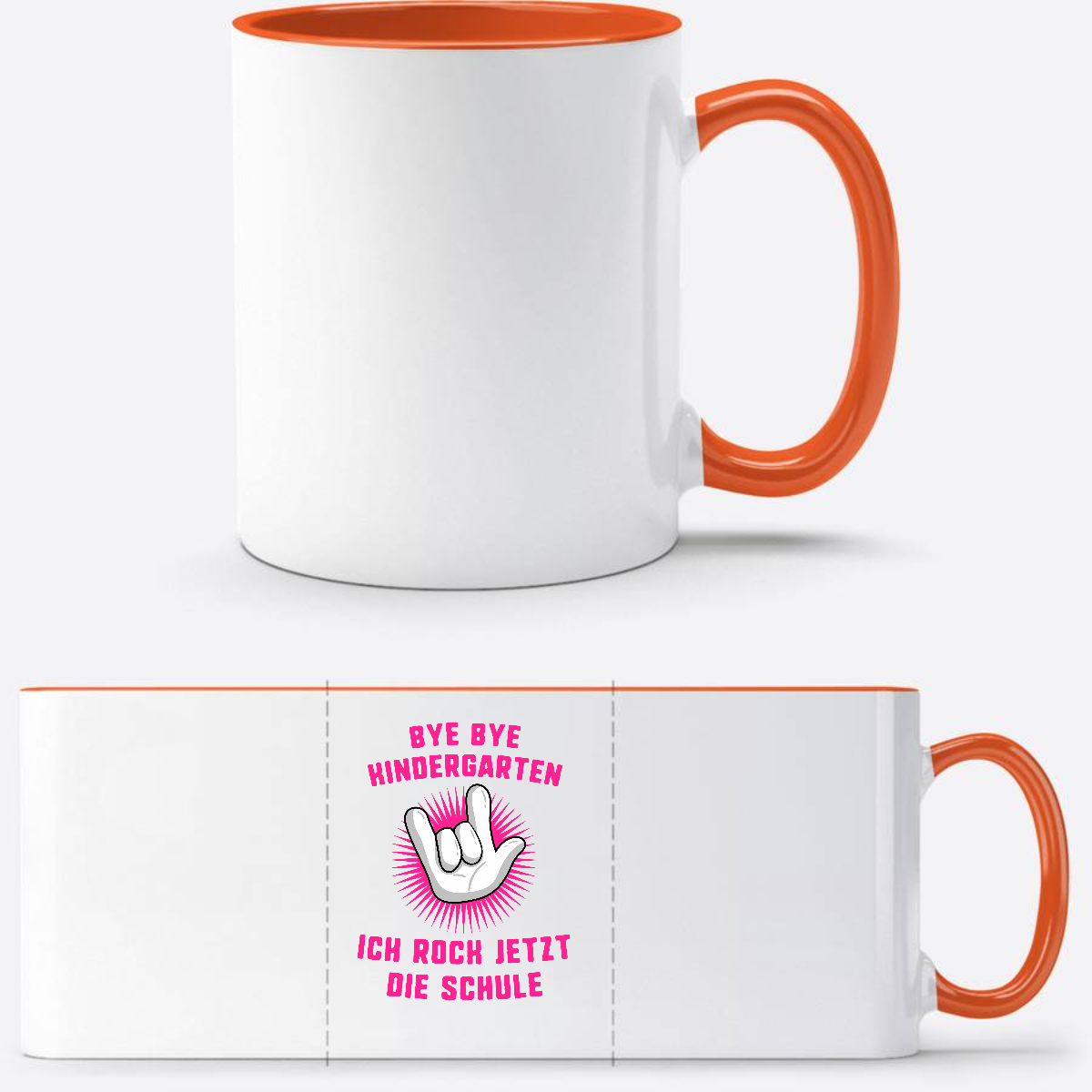 Tasse zur Einschulung: Ich rock jetzt die Schule – Fuchsia - Weiß/Orange