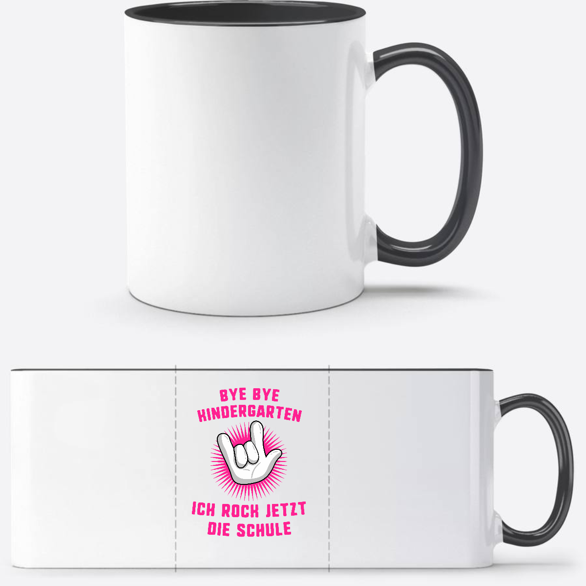 Tasse zur Einschulung: Ich rock jetzt die Schule – Fuchsia - Weiß/Schwarz