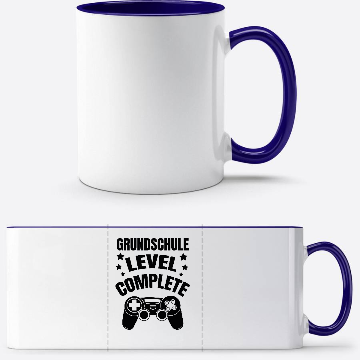 Tasse zur Einschulung: Level Complete schwarz mit Name - Weiß/Dunkelblau