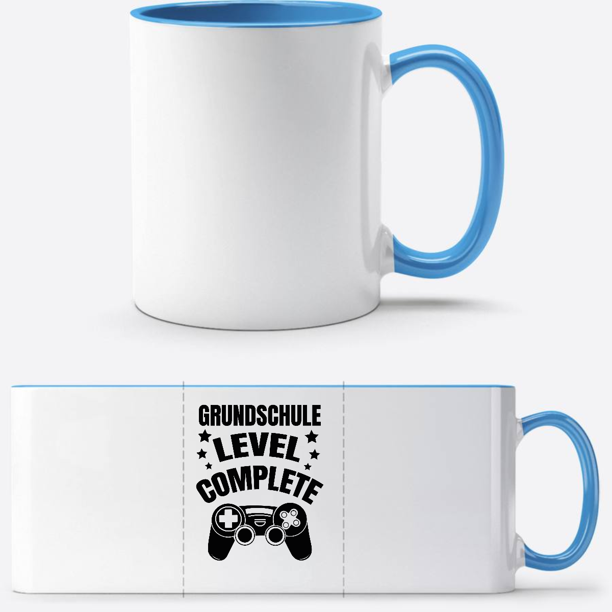 Tasse zur Einschulung: Level Complete schwarz mit Name - Weiß/Hellblau