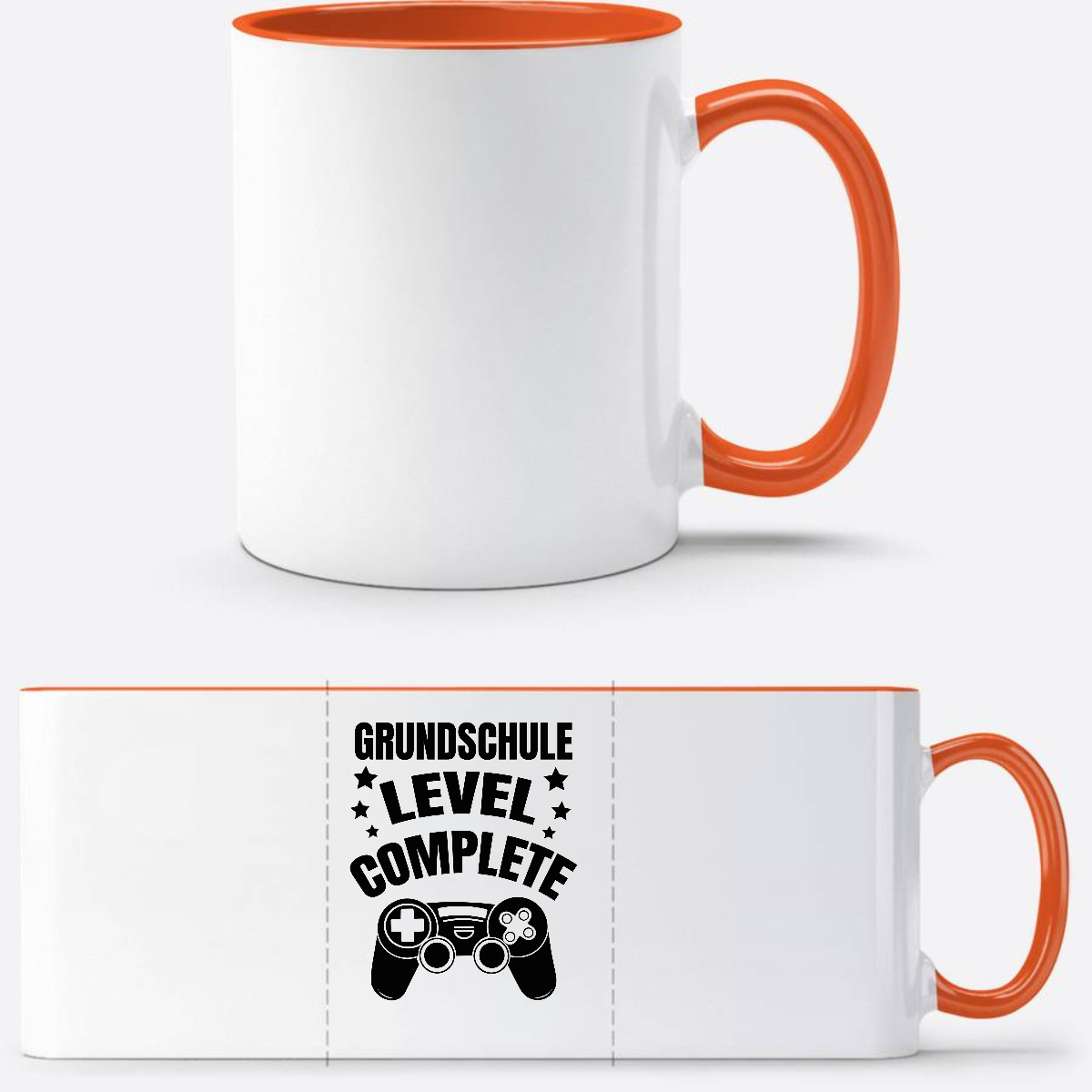 Tasse zur Einschulung: Level Complete schwarz mit Name - Weiß/Orange