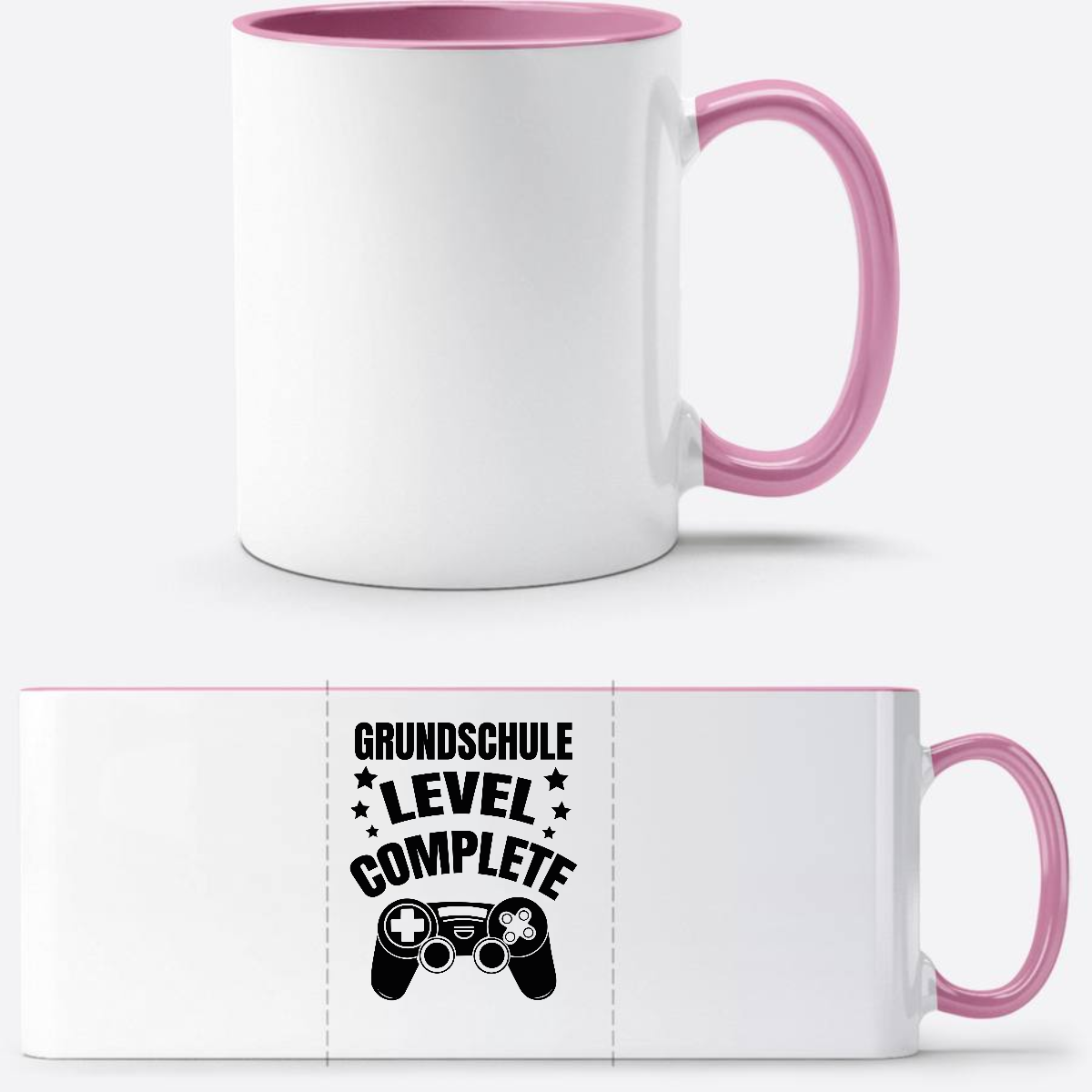 Tasse zur Einschulung: Level Complete schwarz mit Name - Weiss/Rosa