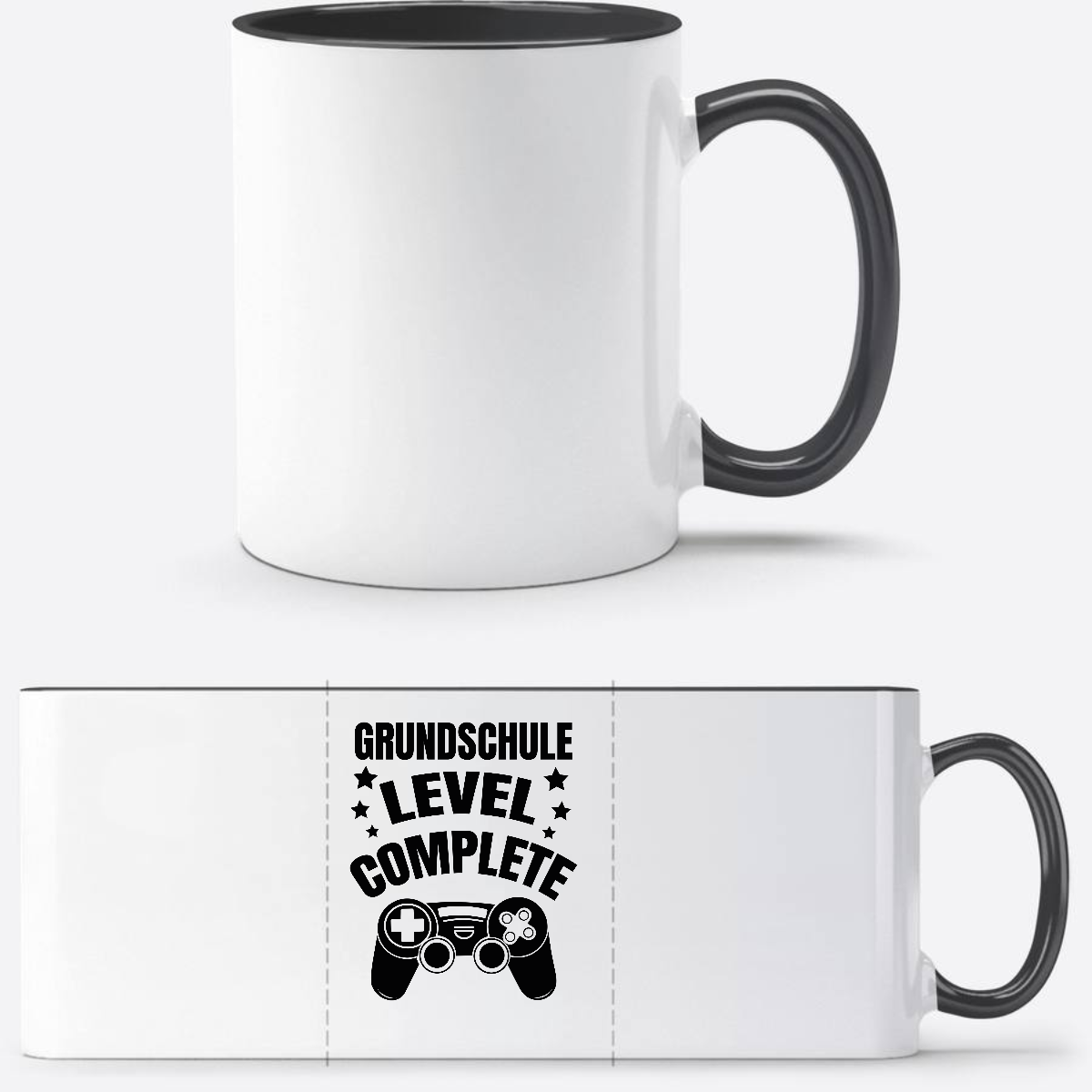 Tasse zur Einschulung: Level Complete schwarz mit Name - Weiß/Schwarz