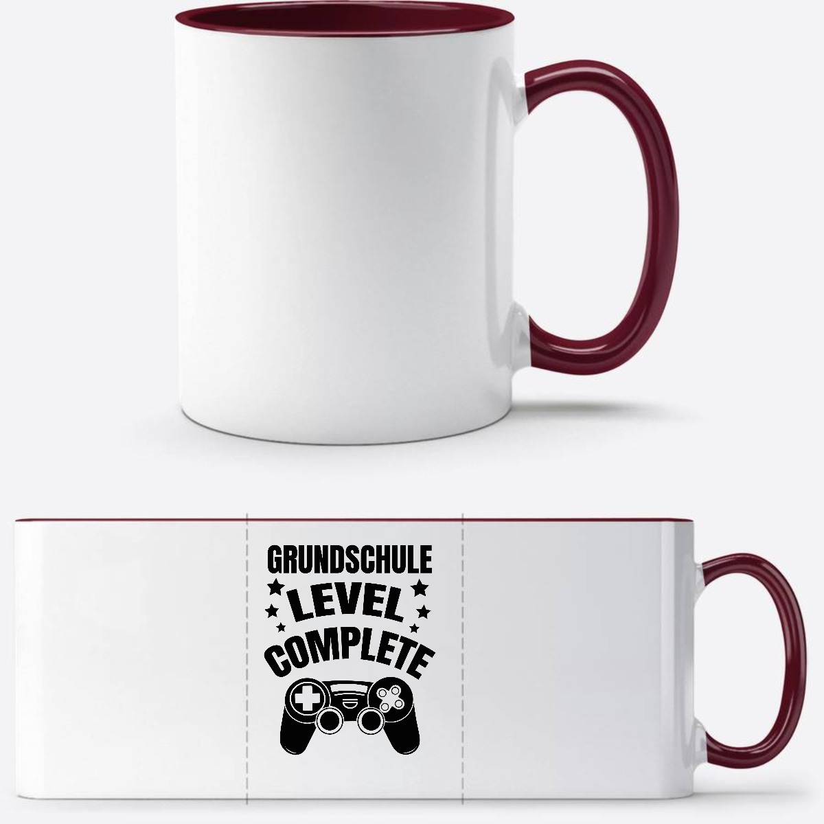 Tasse zur Einschulung: Level Complete schwarz mit Name - White/Bordeaux