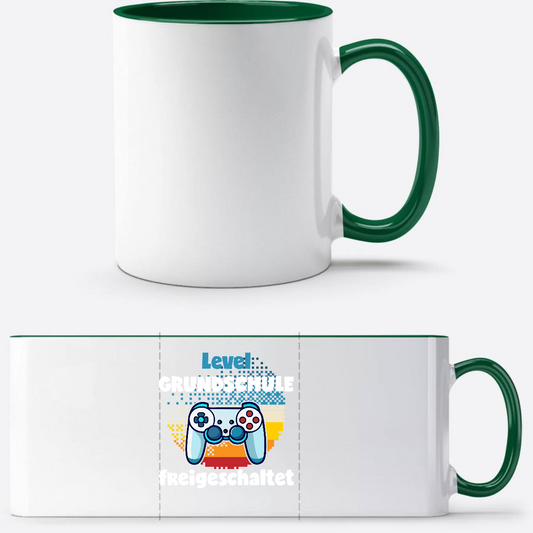 Tasse zur Einschulung – Level Grundschule freigeschaltet - Weiß/Dunkelgrün
