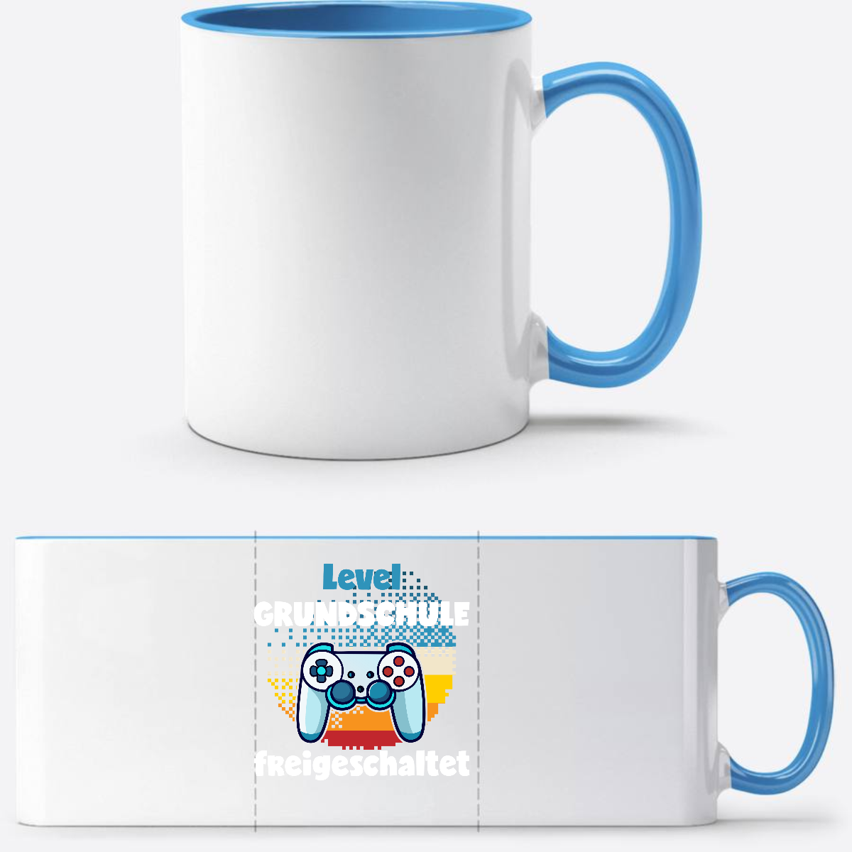 Tasse zur Einschulung – Level Grundschule freigeschaltet - Weiß/Hellblau