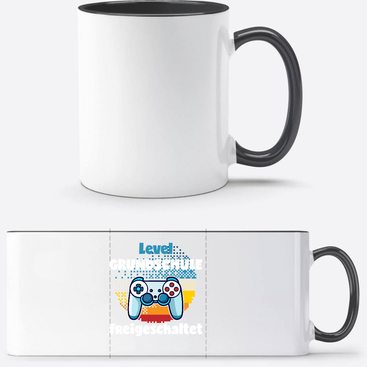 Tasse zur Einschulung – Level Grundschule freigeschaltet - Weiß/Schwarz