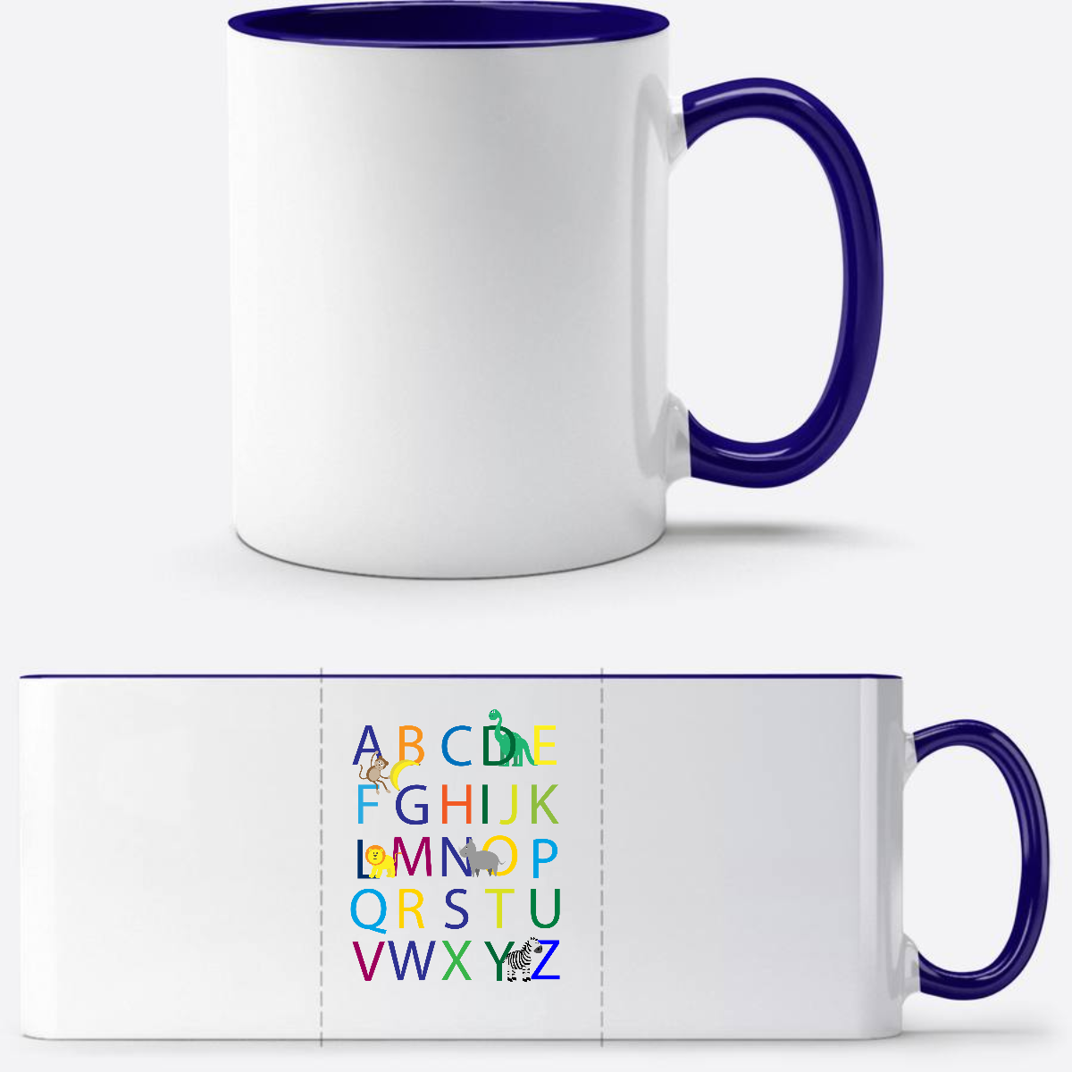 Tasse zur Einschulung mit Name – Buntes ABC Motiv - Weiß/Dunkelblau