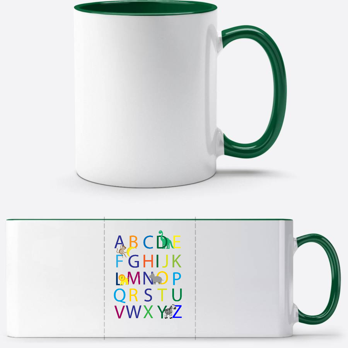 Tasse zur Einschulung mit Name – Buntes ABC Motiv - Weiß/Dunkelgrün