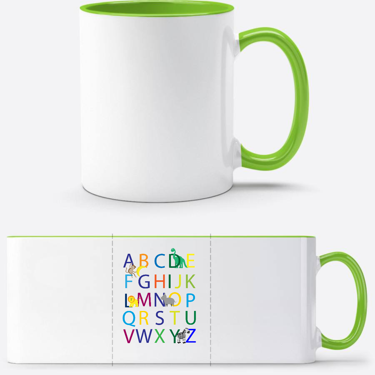 Tasse zur Einschulung mit Name – Buntes ABC Motiv - Weiß/Grün