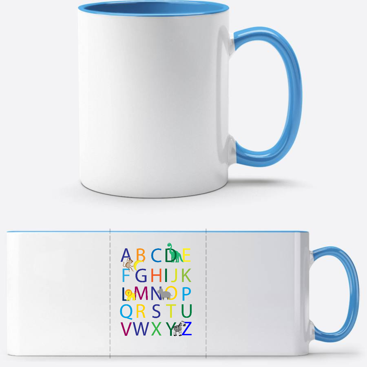 Tasse zur Einschulung mit Name – Buntes ABC Motiv - Weiß/Hellblau