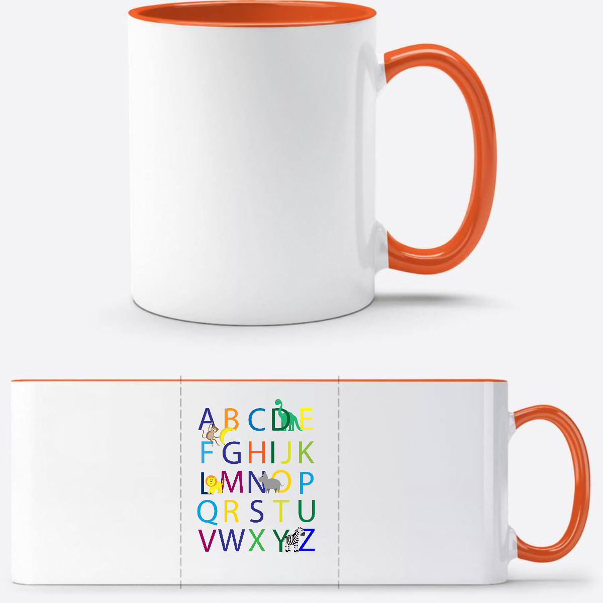 Tasse zur Einschulung mit Name – Buntes ABC Motiv - Weiß/Orange